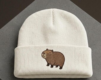Embroidered Capybara Beanie Hat, Rodent Knit Skull Cap, Cozy Winter Cuffed Beanie, Animal Lover Nature Outdoor Gift