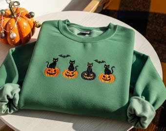 Sudadera de Halloween con gato negro bordado: cuello redondo de calabaza otoñal