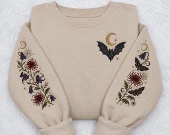 Embroidered Bat Moth Hoodie, Gothic Floral Sleeve Sweatshirt, Witchy Crescent Moon Pullover, Cottagecore Dark Botanical Gift Halloween