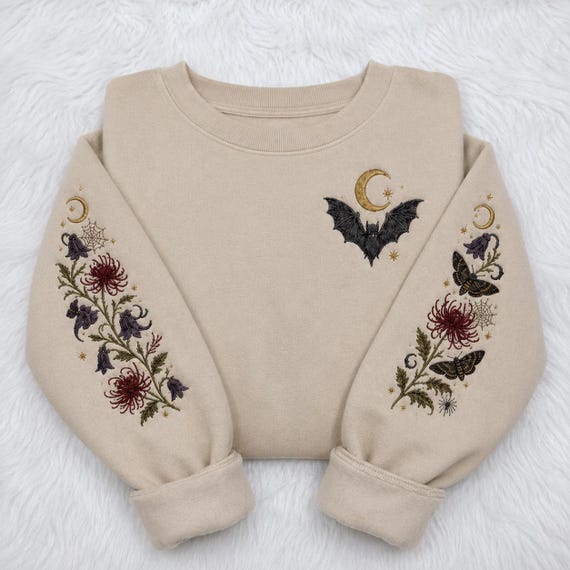 Embroidered Bat Moth Hoodie, Gothic Floral Sleeve Sweatshirt, Witchy Crescent Moon Pullover, Cottagecore Dark Botanical Gift Halloween