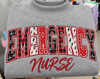Embroidered Emergency Nurse Sweatshirt, Red Plaid EKG Applique ER Crewneck, Emergency Room RN Sweater, Hospital Nursing Student Gift Top