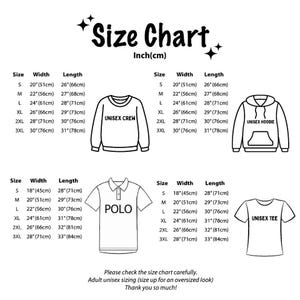 May include: A black and white size chart with measurements in inches and centimeters for unisex crewneck, hoodie, polo, and tee shirts. The chart includes sizes S, M, L, XL, 2XL, and 3XL, with width and length measurements.