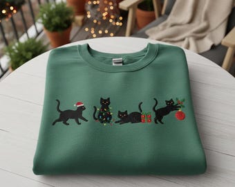 Embroidered Christmas Black Cat Sweatshirt, Cute Cat Lover Holiday Hoodie, Festive Cat Mom Gift, Trendy Winter Crewneck