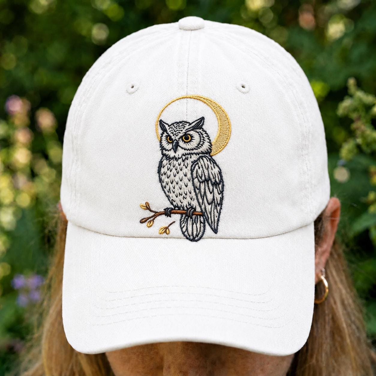 Owl Embroidered Hat, Moon Owl Baseball Cap, Cottagecore Bird Cap, Nature Lover Gift, Minimalist Dad