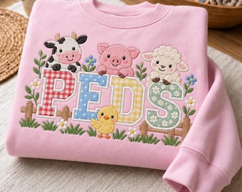 Embroidered Peds Gingham Nurse Sweatshirt, Farm Animal Applique Crewneck, Pediatric RN Cow Pig Lamb Sweater, Hospital Nursing Student Gift