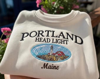 Embroidered Portland Head Light Maine Sweatshirt, New England Vacation Shirt, Beach Vacation Hoodie, Lighthouse crewneck, Gift For Traveller
