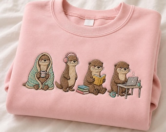 Bookish Otter besticktes Sweatshirt, gemütlicher Otter mit Rundhalsausschnitt, Otter-Pullover lesen, gemütliches Buchclub-Geschenk für Lehrer, Bücherwurm-Shirt