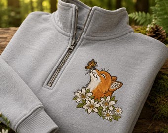Embroidered Fox and Daisy Quarter Zip Sweatshirt, Woodland Animal Pullover, Cottagecore Nature Lover Gift, Floral Fox Top