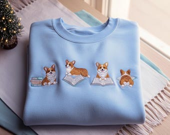 Sudadera con bordado de Corgi para amantes de los libros, camiseta para perros lectores, bonito cuello redondo de Corgi, regalo para mamá perruna, acogedora sudadera con capucha para perro lector.
