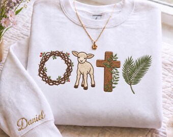 Embroidered Christian Easter Sweatshirt, Custom Name Lamb of God Crewneck, Crown of Thorns Cross Pullover, Faith Religious Easter Gift