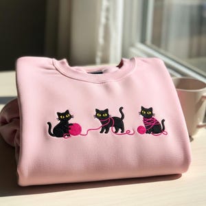 Embroidered Black Cat with Yarn Sweatshirt, Cat Lovers Crewneck, Cute Kitten Shirt, Pet Owner Gift, Cat Mom Hoodie, Gift for Women