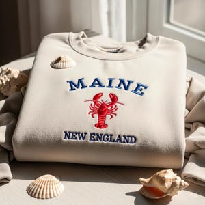 Embroidered Maine New England Sweatshirt, Fisherman Aesthetic Crewneck,, Lobster Lovers Shirt, Gift for Travel Lover, Beach Vacation Tee