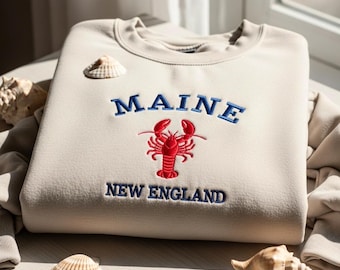 Embroidered Maine New England Sweatshirt, Fisherman Aesthetic Crewneck,, Lobster Lovers Shirt, Gift for Travel Lover, Beach Vacation Tee