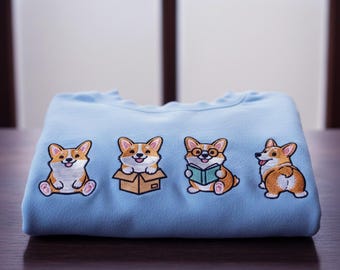 Sudadera bordada Corgi para amantes de los libros, camiseta para perros que leen, adorable sudadera con cuello redondo Corgi, regalo para mamá perruna, sudadera acogedora con capucha para perros amantes de los libros