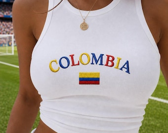 Colombia Flag Embroidered Crop Tank Top, Colombian Baby Tee, Mexican Flag Top, Gift for Her