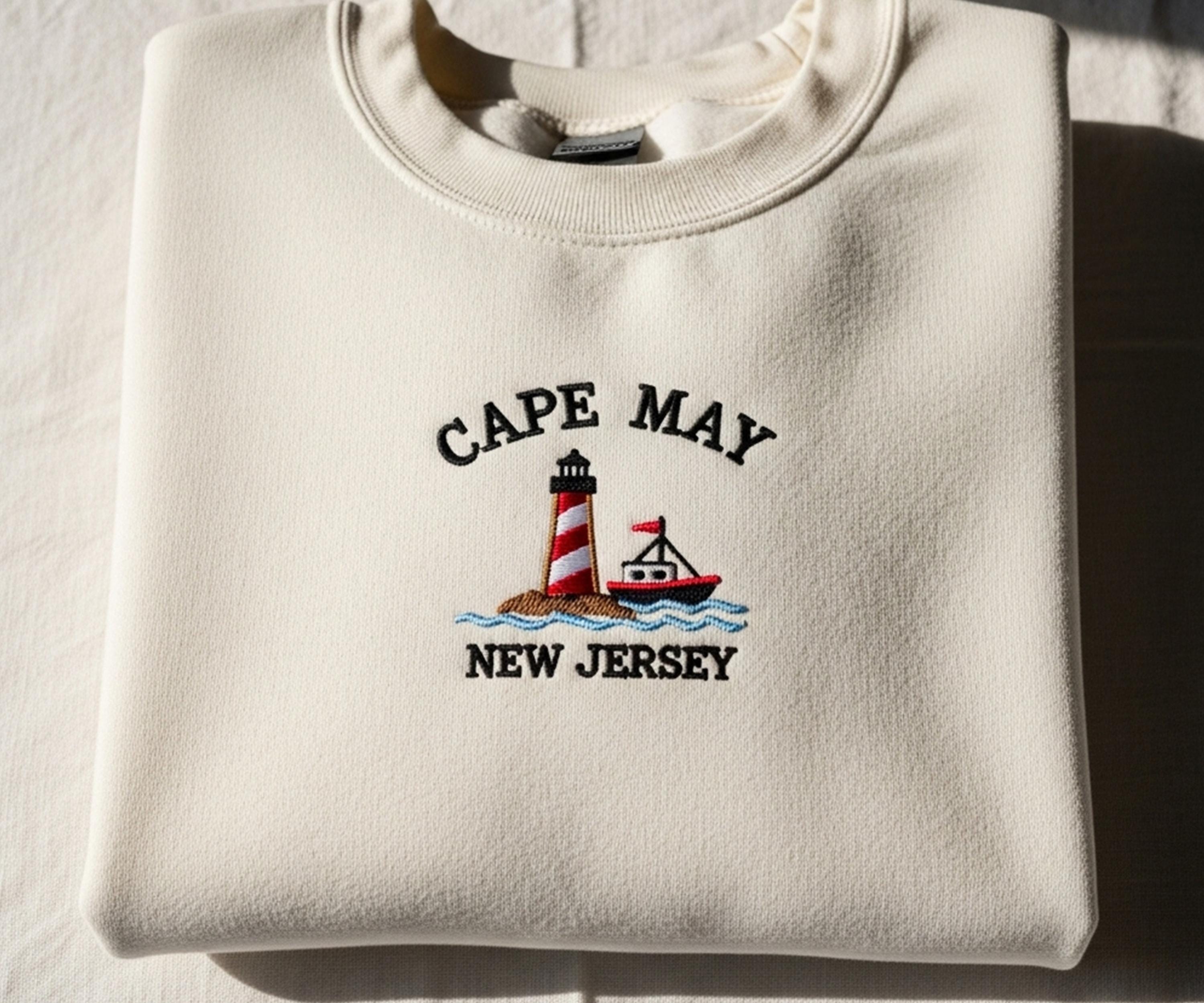 Cape May New Jersey Embroidered Sweatshirt, Beach Town Travel Gift, Coastal Vacation Girls Trip Shirt, Trendy Summer Shirt, Gift for Women