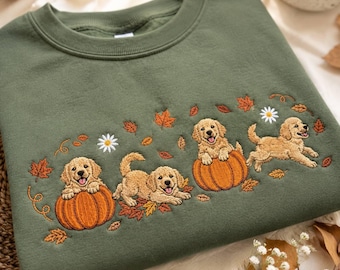 Golden Retriever Embroidered Sweatshirt, Fall Dog Crewneck, Pumpkin Puppy Sweatshirt, Autumn Dog Mom Gift, Cozy Fall Shirt