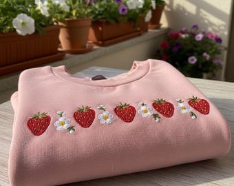 Sweatshirt met geborduurde aardbei en madeliefje, schattige cottagecore-tuin met ronde hals, esthetisch fruitliefhebbercadeau, hoodie met tropische bloemen