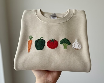 Veggie Embroidered Sweatshirt, Carrot Pepper Tomato Broccoli Garlic Crewneck, Vegetarian Gift, Garden Lover Shirt, Farmer Market Hoodie