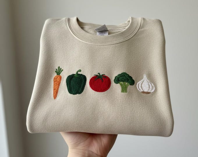 Veggie Embroidered Sweatshirt, Carrot Pepper Tomato Broccoli Garlic Crewneck, Vegetarian Gift, Garden Lover Shirt, Farmer Market Hoodie