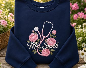 Personalized Nurse Embroidered Sweatshirt, Floral Peony Crewneck, Custom Name Medical Sweatshirt, Nurse Student Gift