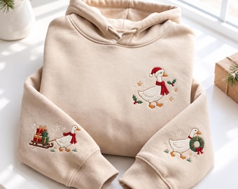 Embroidered Christmas Goose Hoodie, Holiday Duck Sleeve Sweatshirt, Winter Duck With Sled Pullover, Cozy Xmas Animal Lover Gift Top