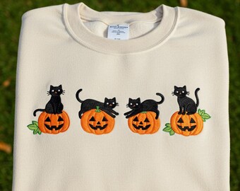 Sudadera de Halloween con gato negro bordado: cuello redondo otoñal espeluznante