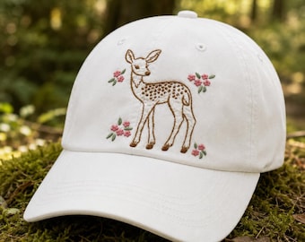 Gestickte Hirschmütze, Waldkitzmütze, süße Hirschmütze mit Blumenmuster, Cottagecore-Tier-Baseballmütze, Naturliebhabergeschenk