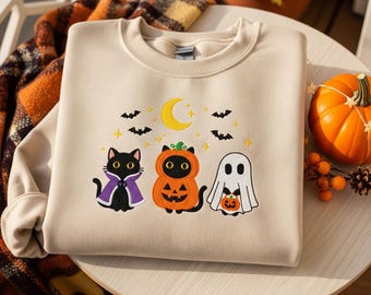 Sudadera bordada de gato negro de Halloween: calabaza y fantasma para un otoño espeluznante