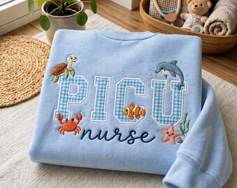 Embroidered PICU Nurse Gingham Applique Sweatshirt, Gingham Ocean Nurse, Gingham Varsity Medical Top, RN CNA Healthcare Gift, Nurse Crewneck