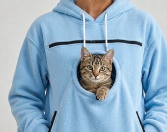 Cat Carrier Pouch Hoodie, Pet Holder Fleece Sweatshirt, Kangaroo Pocket Snuggle Pullover, Cozy Cat Mom Dog Lover Gift For Her