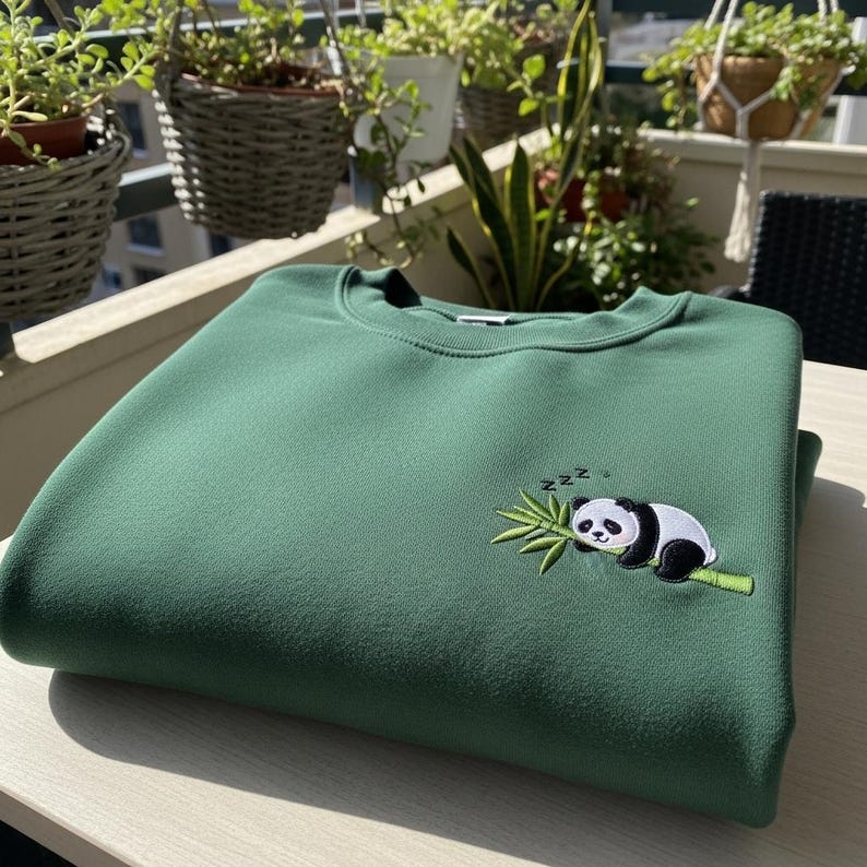 Puede incluir: Una sudadera verde oscuro con cuello redondo. La sudadera presenta un dise&ntilde;o bordado de un oso panda durmiendo sobre una rama de bamb&uacute;. El panda es blanco y negro, y el bamb&uacute; es verde.