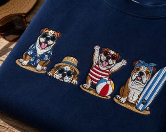 Funny Bulldog Beach Sweatshirt, Embroidered Summer Dog Crewneck, Cute Bulldog Lover Gift, Vacation Beach Dog Pullover Top