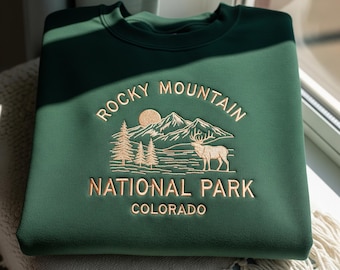 Embroidered Rocky Mountain Shirt: Hiking, Camping Outdoors Crewneck