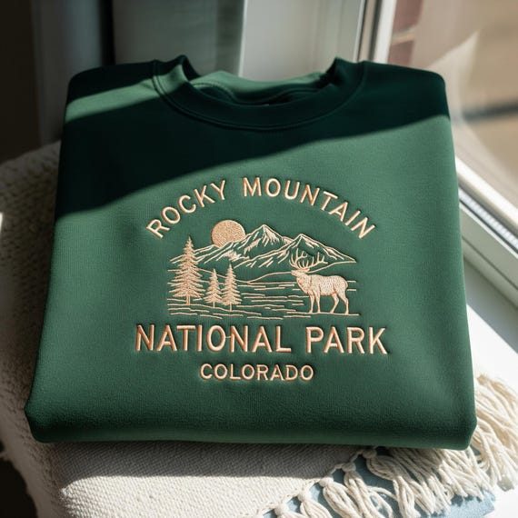Embroidered Rocky Mountain Shirt: Hiking, Camping Outdoors Crewneck
