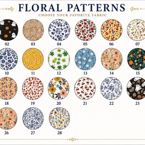May include: A grid of twenty-eight circular fabric swatches labelled 01 through 28, featuring various floral, botanical, and seasonal patterns. The header reads FLORAL PATTERNS CHOOSE YOUR FAVOURITE FABRIC. The designs include daisies, cherries, ghosts, pumpkins, and assorted colourful blossoms on diverse backgrounds.