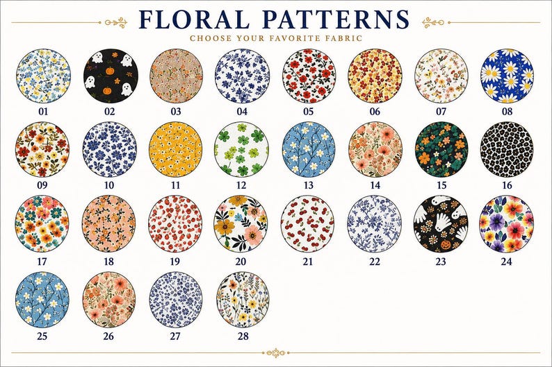 May include: A grid of twenty-eight circular fabric swatches labelled 01 through 28, featuring various floral, botanical, and seasonal patterns. The header reads FLORAL PATTERNS CHOOSE YOUR FAVOURITE FABRIC. The designs include daisies, cherries, ghosts, pumpkins, and assorted colourful blossoms on diverse backgrounds.