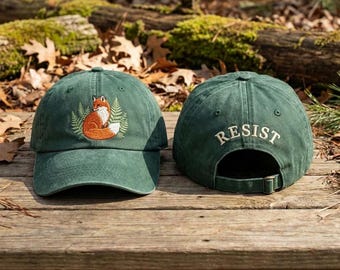 Gorro de zorro bordado a mano, gorra de animal del bosque, gorro de activismo animal, gorro lavado verde bosque, gorra de activismo animal, resistencia política