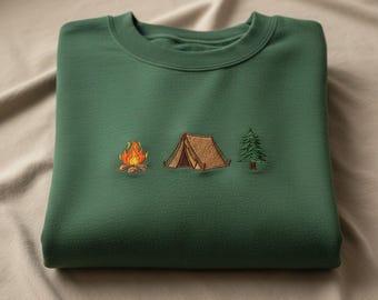 Sweat-shirt brodé à emblèmes de camping, col rond avec arbre, tente de feu de camp, sweat à capuche pour amoureux de la nature, pull d'aventure en plein air, cadeau de randonnée pour campeur