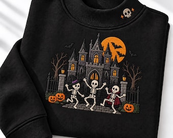 Embroidered Dancing Skeleton Sweatshirt, Spooky Haunted Castle Crewneck, Halloween Pumpkin Jumper, Retro Cute Ghost Pullover Holiday Gift