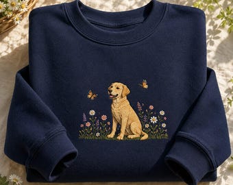 Golden Retriever Garden Embroidered Sweatshirt, Dog Lover Crewneck, Floral Dog Shirt, Labrador Gift for Her, Pet Mom Owner T-Shirt