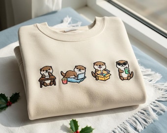 Sudadera con nutrias marinas bordadas, Sudadera de cuello redondo "Mamá Nutria", Sudadera con capucha para amantes de las nutrias, Regalo para dueños de mascotas, Regalos de animales, Camiseta de vida marina