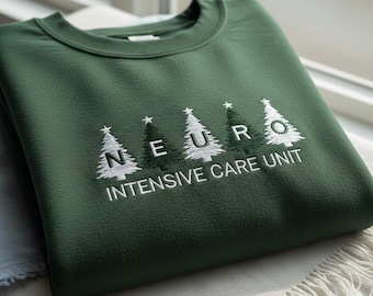 Sudadera bordada con árbol de Navidad para la UCI neurológica, Sudadera de cuello redondo para enfermeros, fisioterapeutas y médicos de la UCI neurológica, Camiseta técnica para la UCI neurológica