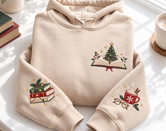 Embroidered Christmas Book Hoodie, Cozy Holiday Tree Bookish Sweatshirt, Book Lover Sleeve Embroidery Winter Pullover, Cute Reader Xmas Gift