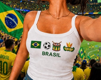 Brasilien Flagge Besticktes Crop Tank Top, Brasilien Fußball Shirt, Karneval Maske Trommel Flagge Crop Top, Brasilianisches Urlaubs Outfit, Sommer Party Top