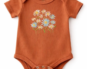 Embroidered Daisy Baby Onesie | Rustic Floral Bodysuit, Newborn Outfit