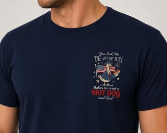 Funny Goose Hot Dog 4th of July Embroidered T-Shirt or Sweatshirt, Patriotic BBQ