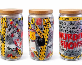 Crime Scene Libbey Glass Can: 16 oz Horror Coffee Glass with Bamboo Lid & Straw