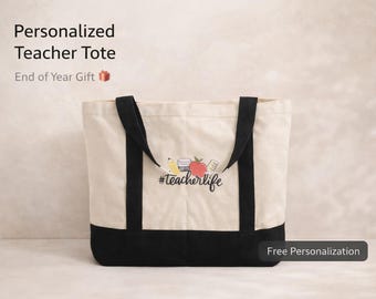 Embroidered Canvas Teacher Tote: Handmade Eco-Friendly Tote Bag
