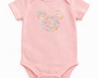Floral Mouse Embroidered Baby Onesie | Boutique Ribbed Bodysuit, Pastel Embroidery
